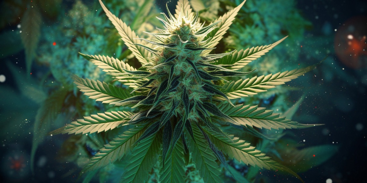 A close-up of a cannabis flower with bright green leaves and fragrant trichomes, surrounded by a circle of plants in various healing colors showing Borneol Cannabis Terpene