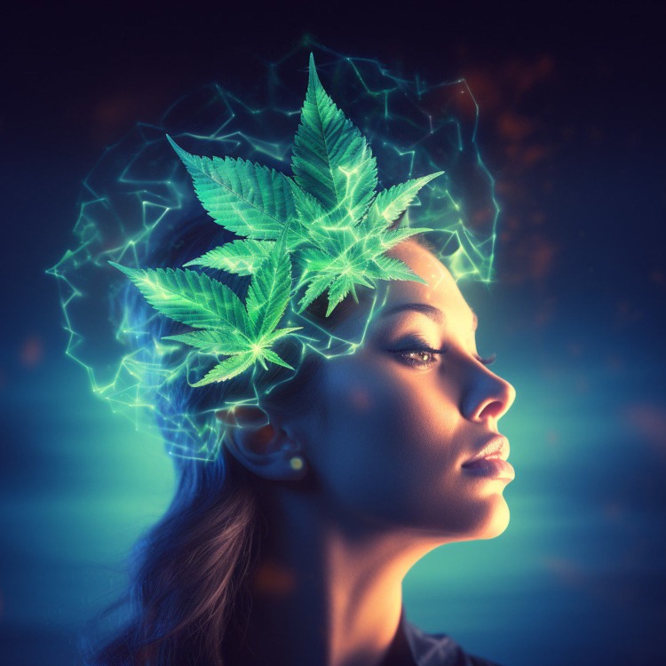 A Cannabis Leaf Gently Resting On A Human Brain Surrounded By Soft Comforting Healing Light