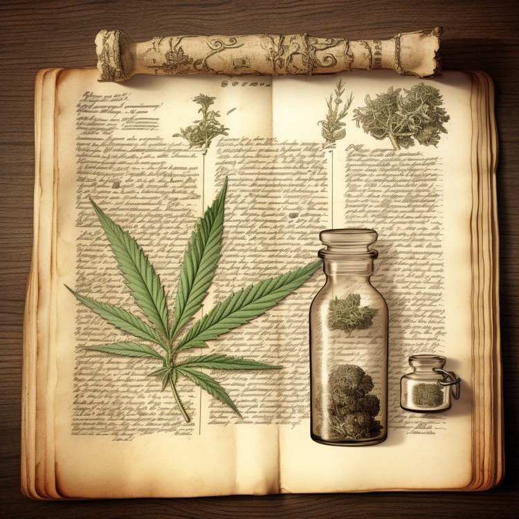 an ancient scroll unrolling with etchings of cannabis plants, an apothecary bottle with cannabis leaves, and the evolution of medicinal cannabis 