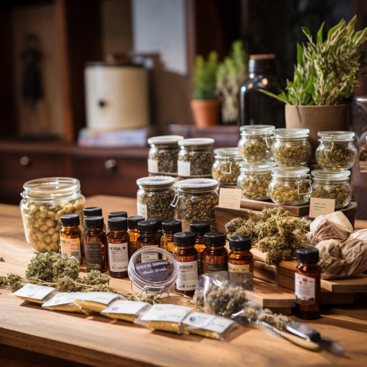 a variety of cannabis products like dried flowers, oils, edibles, and topicals, arranged on a rustic wooden table