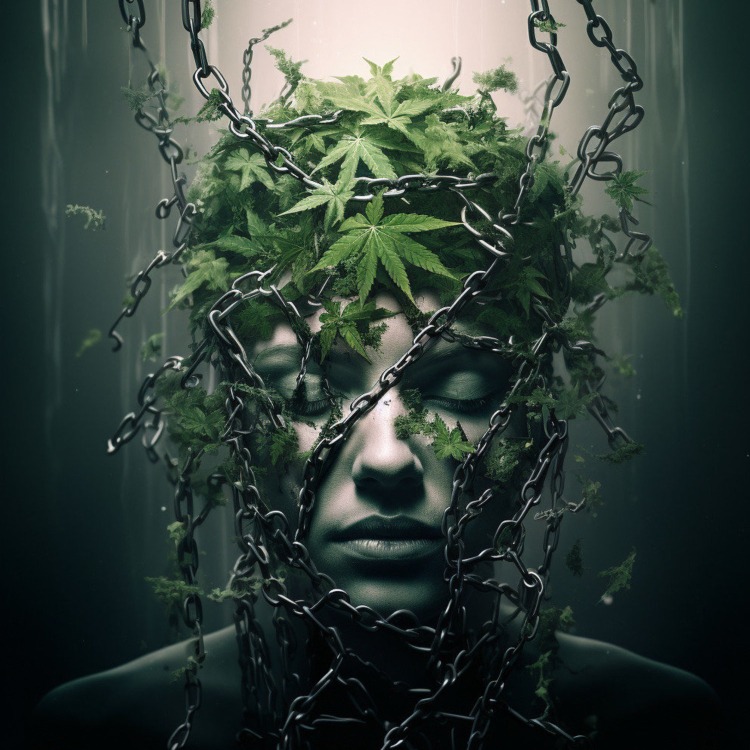 Distressed Human Brain Entangled In Cannabis Leaves With Visible Harmful Effects