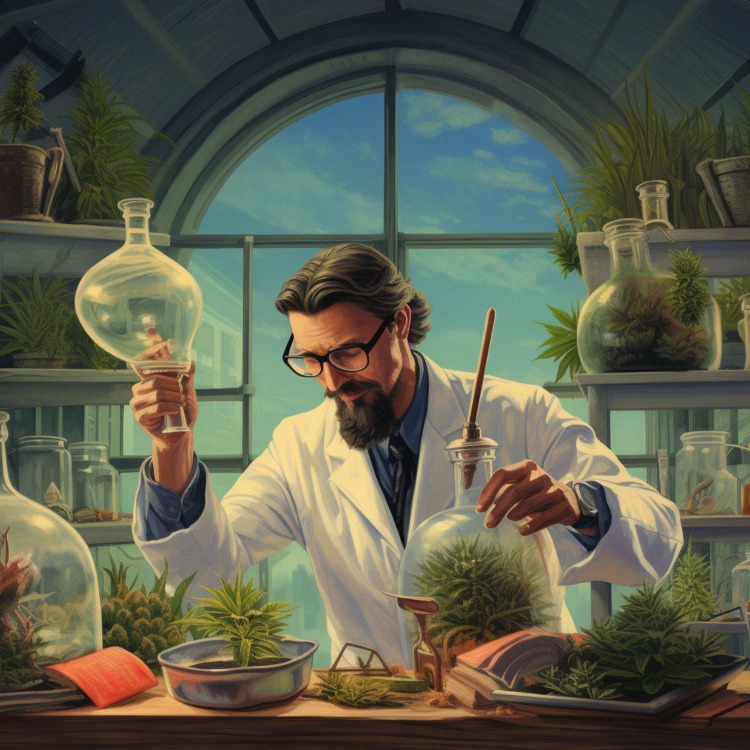 Doctor In A Lab Coat Delicately Holding A Cannabis Leaf Over A Petri Dish