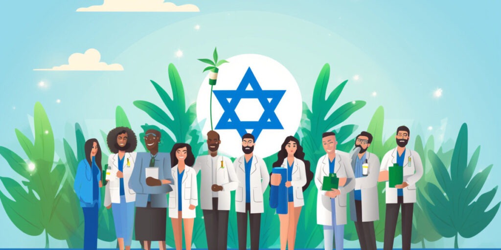 a diverse group of Israelis, each holding a prescription bottle of medical cannabis